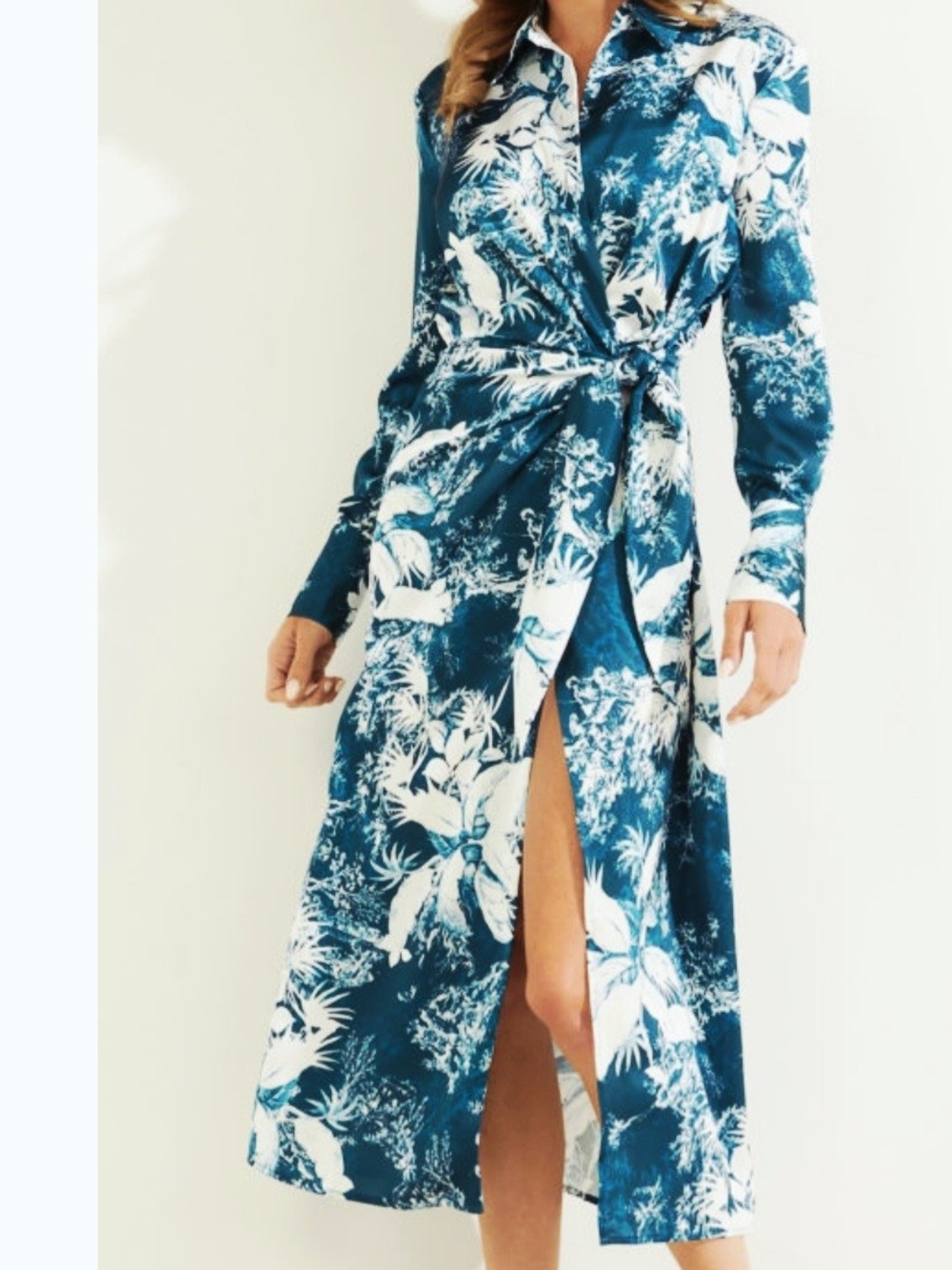 Guess Teal and White Floral Wrap Midi Dress